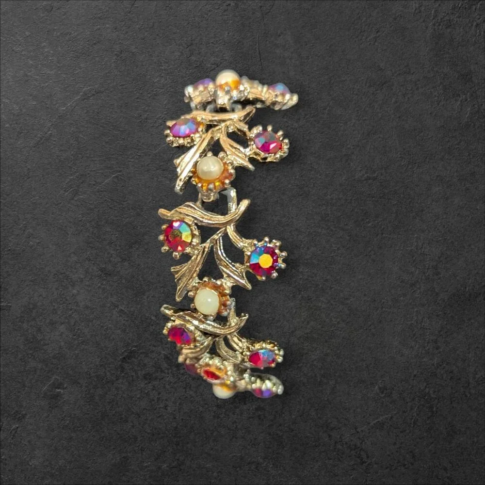 Vintage‎ Aurora Borealis Rhinestone Bracelet Gold-Tone Floral 7